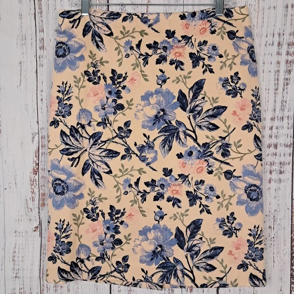 TALBOTS 10 Peach‎ Blue Floral Cotton Stretch Pencil Skirt Career Artistic